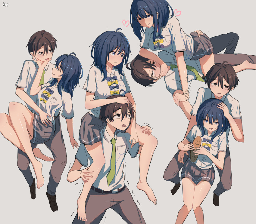 1boy 1girl absurdres ahoge barefoot black_eyes black_hair blue_bow blue_bowtie blue_eyes blue_hair bow bowtie carrying covering_another&#039;s_mouth full_body girl_on_top grabbing_another&#039;s_arm green_necktie grey_background grey_pants grey_skirt hand_over_another&#039;s_mouth heart hetero highres invisible_chair k2s looking_at_another lying_on_person make_heroine_ga_oo_sugiru! medium_hair miniskirt multiple_views necktie nukumizu_kazuhiko open_mouth pants pleated_skirt pout school_uniform shirt short_hair short_sleeves shoulder_carry signature simple_background sitting sitting_between_lap sitting_on_lap sitting_on_person skirt summer_uniform trembling white_shirt yanami_anna yellow_bow yellow_bowtie