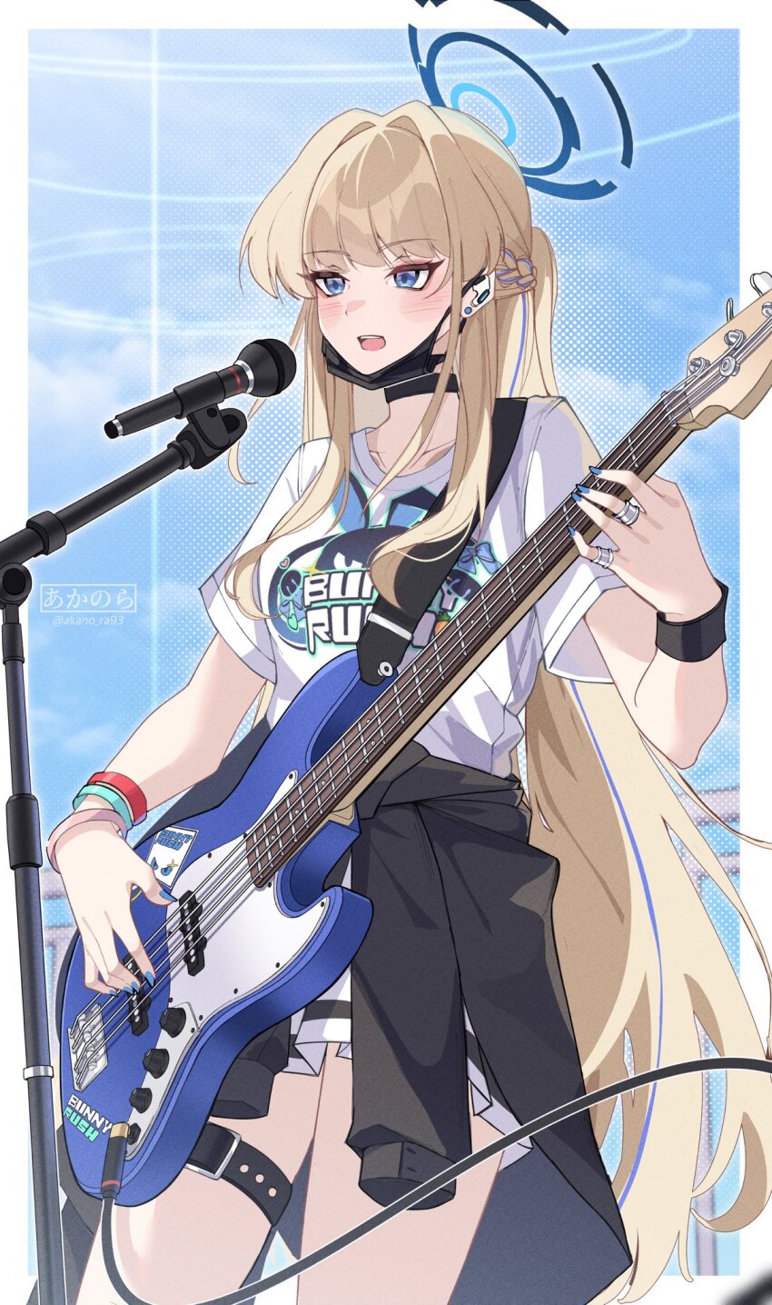 1girl akanora alternate_costume artist_name black_collar black_jacket black_mask blonde_hair blue_archive blue_eyes blue_halo blue_nails blush clothes_around_waist collar collarbone cowboy_shot earpiece electric_guitar guitar hair_intakes half_up_braid halo highres instrument jacket jacket_around_waist jewelry long_hair mask mask_pull microphone microphone_stand mouth_mask multiple_rings music open_mouth playing_instrument pleated_skirt ring round_teeth shirt short_sleeves singing skirt solo surgical_mask sweatband teeth thigh_strap toki_(blue_archive) twitter_username very_long_hair white_shirt white_skirt wristband