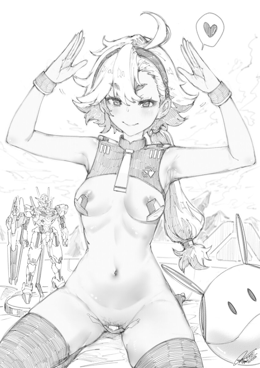 1girl absurdres ahoge armpits arms_up blush breasts cropped_shirt female_pubic_hair fkscrashing greyscale gundam gundam_suisei_no_majo haro heart highres long_hair low_ponytail mecha_request medium_breasts monochrome navel nipples pubic_hair skindentation solo speech_bubble spoken_heart suletta_mercury thick_eyebrows thighhighs thighs white_thighhighs