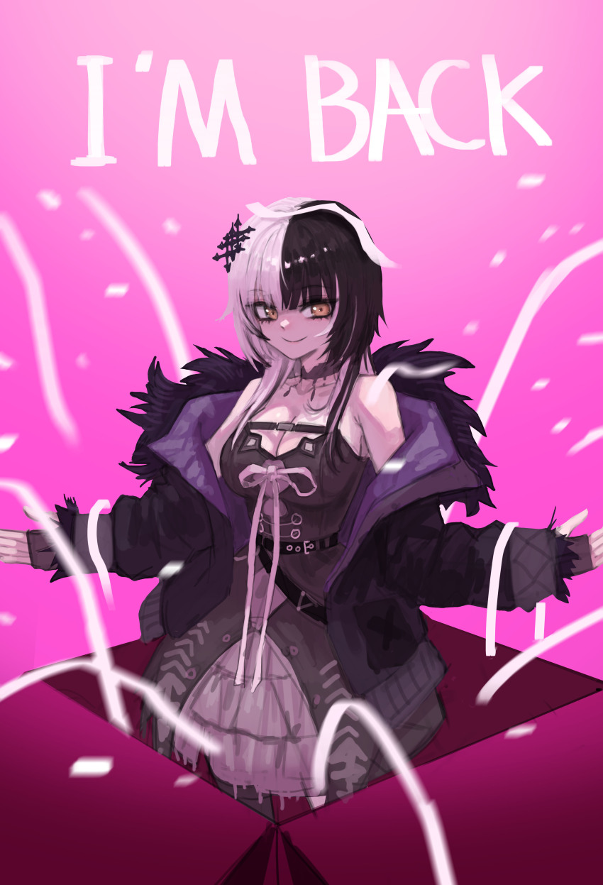 1girl absurdres black_choker black_coat black_dress black_hair box breasts choker cleavage closed_mouth coat confetti dress failose fur-trimmed_coat fur_trim gradient_background hair_ornament highres hololive hololive_english in_box in_container large_breasts long_hair multicolored_hair pink_background shiori_novella smile split-color_hair streamers two-tone_hair virtual_youtuber white_hair yellow_eyes