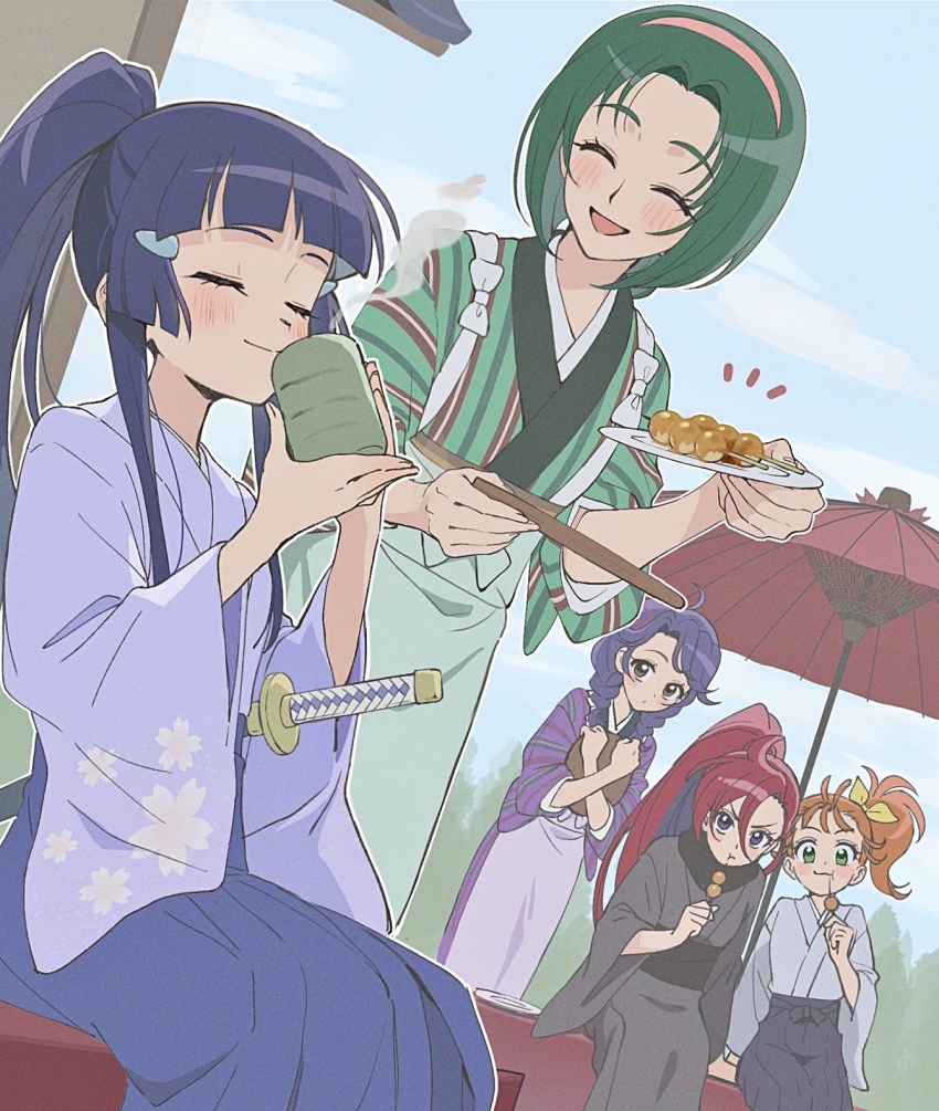 5girls :d ^_^ akimoto_komachi alternate_costume aoki_reika apron black_hakama black_kimono blue_hair blue_hakama blunt_bangs blush bow brown_eyes brown_hair closed_eyes closed_mouth dango drinking dutch_angle food green_apron green_eyes green_hair green_kimono grey_kimono hair_bow hair_ornament hairband hairclip hakama high_ponytail high_side_ponytail highres holding holding_plate japanese_clothes katana kimono multiple_girls natsuumi_manatsu open_mouth pink_hairband plate ponytail precure purple_apron purple_eyes purple_hair purple_kimono red_hair short_hair sidelocks sitting smile striped_clothes striped_kimono suzumura_sango sword takizawa_asuka tropical-rouge!_precure v-shaped_eyebrows wagashi weapon yellow_bow yes!_precure_5 yuzu_sato