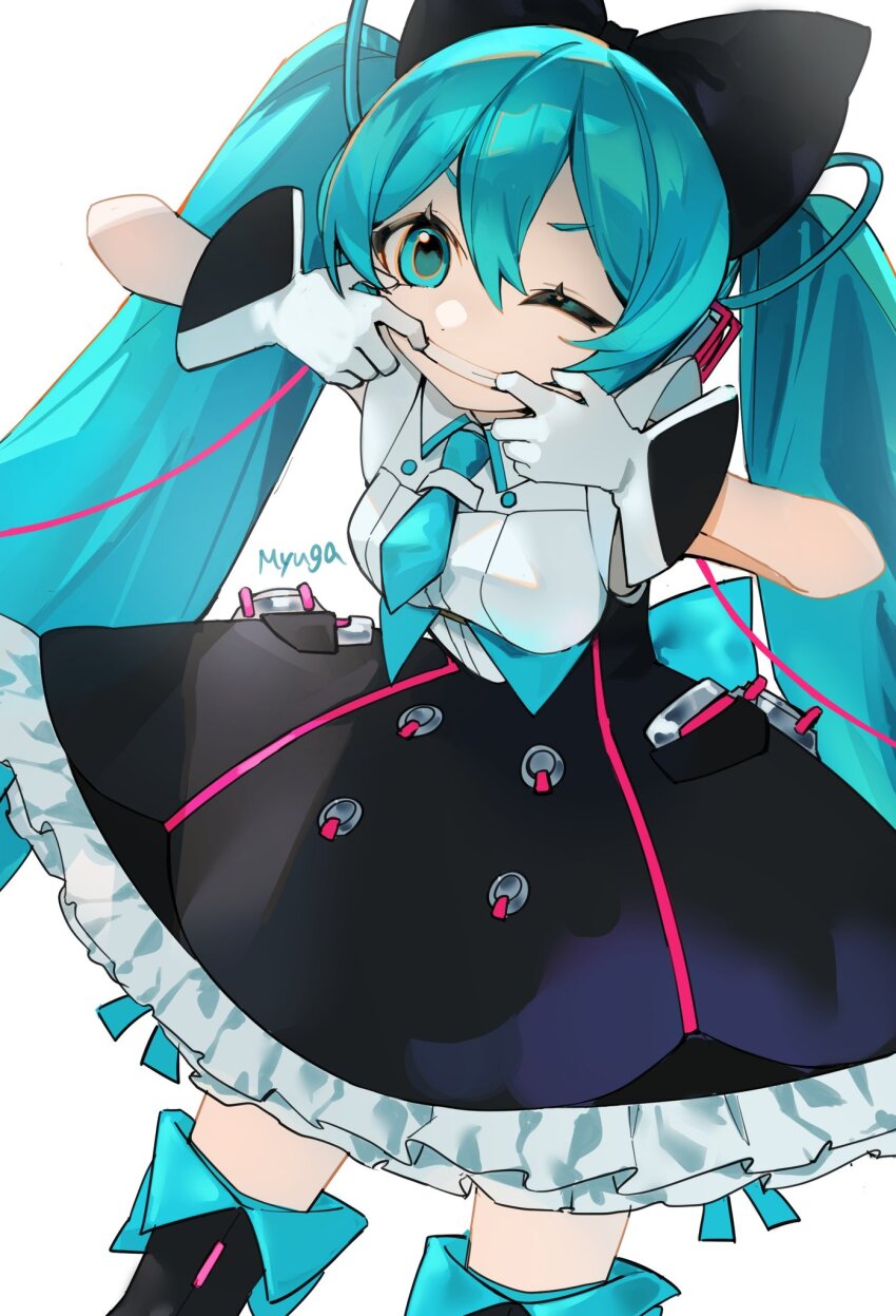 1girl aqua_eyes aqua_hair aqua_necktie artist_name black_bow black_skirt black_thighhighs bow cable commentary cowboy_shot dot_nose finger_in_own_mouth gloves grin hair_bow hatsune_miku headphones highres hoop_skirt leaning_forward long_hair looking_at_viewer magical_mirai_(vocaloid) magical_mirai_miku magical_mirai_miku_(2016) mouth_pull myuga66666 necktie one_eye_closed shirt short_necktie skirt smile solo standing thighhighs twintails v-shaped_eyebrows very_long_hair vocaloid white_background white_gloves white_shirt