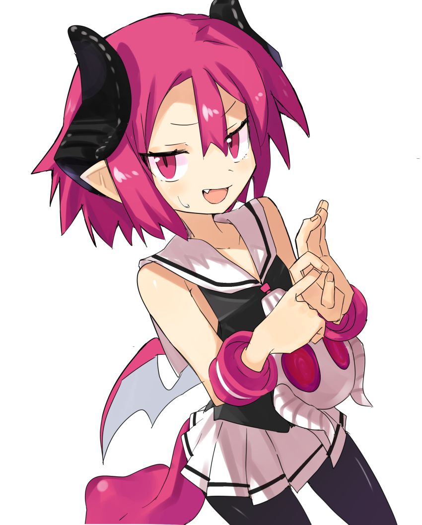 1girl absurdres demon_girl demon_wings disgaea fang highres horns jank365m open_mouth penetration_gesture pink_eyes pink_hair pink_tail pink_wings pink_wrist_cuffs pleated_skirt pointy_ears raspberyl sailor_collar short_hair skirt skull white_background white_sailor_collar wings wrist_cuffs