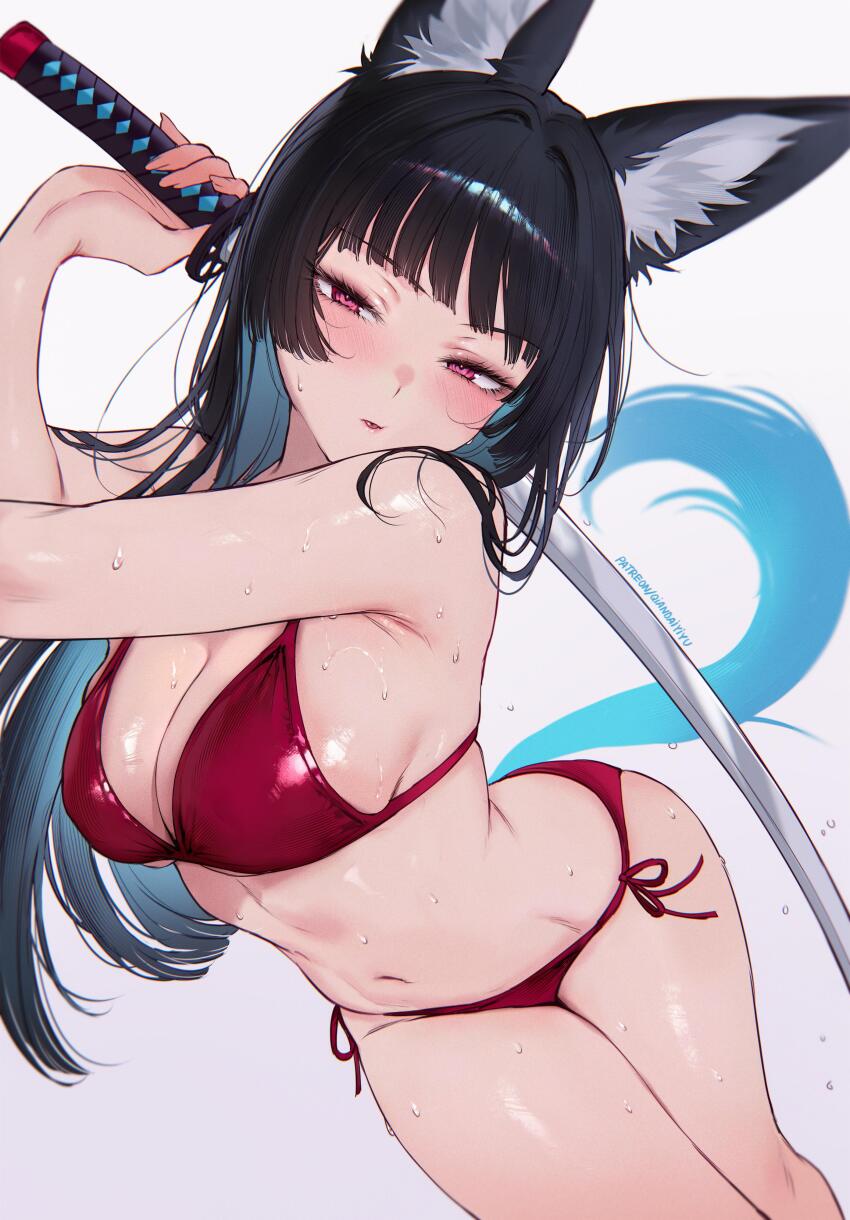 1girl absurdres alternate_costume animal_ear_fluff animal_ears armpit_crease bare_shoulders bikini black_hair blue_hair blue_tail blush breasts colored_inner_hair commentary cowboy_shot english_commentary fox_ears fox_girl fox_tail grey_background highres holding holding_sword holding_weapon hoshimi_miyabi katana large_breasts long_hair looking_at_viewer multicolored_hair navel paid_reward_available parted_lips patreon_username qiandaiyiyu red_bikini red_eyes side-tie_bikini_bottom simple_background solo stomach swimsuit sword tail very_long_hair weapon wet zenless_zone_zero