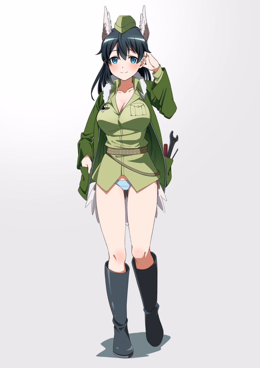 belt bird_tail black_hair blue_eyes blue_panties boots borrowed_character breasts character_request cleavage full_body fur-trimmed_jacket fur_trim garrison_cap grey_background hanna-justina_marseille hat head_wings highres jacket large_breasts long_hair long_sleeves looking_at_viewer military military_uniform naguramu no_pants original panties screwdriver standing tail underwear wings world_witches_series wrench