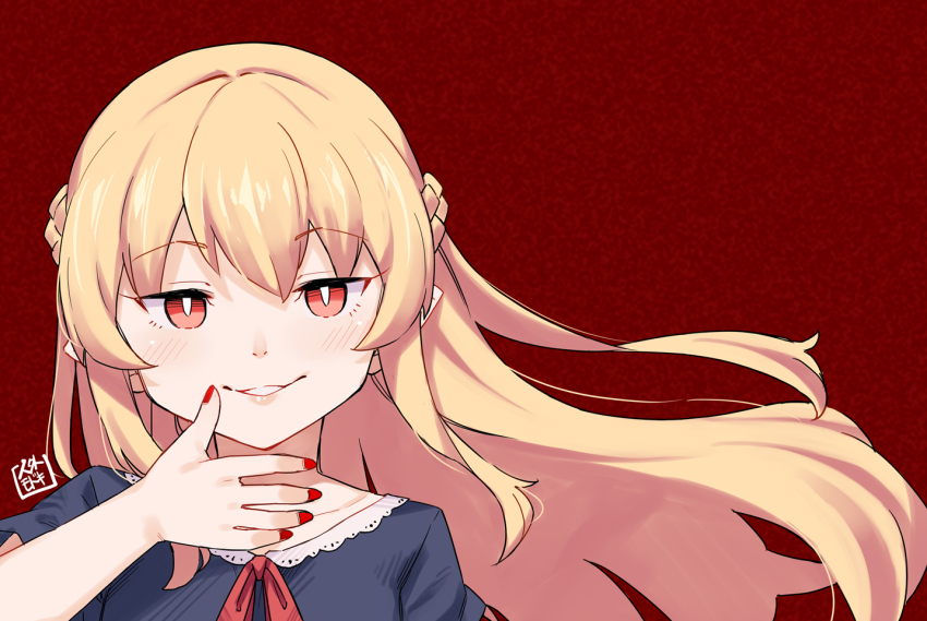 1girl blonde_hair blush braid floating_hair jingai_modoki long_hair looking_at_viewer original parted_lips pointy_ears red_background red_eyes red_nails shirt smile solo upper_body vampire