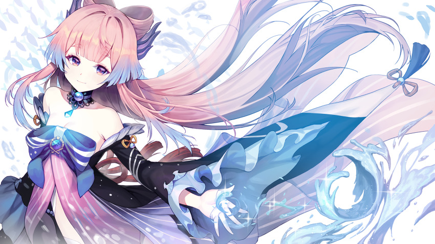 1girl bare_shoulders bow bowtie breasts cleavage fish frilled_sleeves frills genshin_impact hair_ornament highres kyundoo long_hair looking_at_viewer pink_hair sangonomiya_kokomi smile solo very_long_hair wide_sleeves