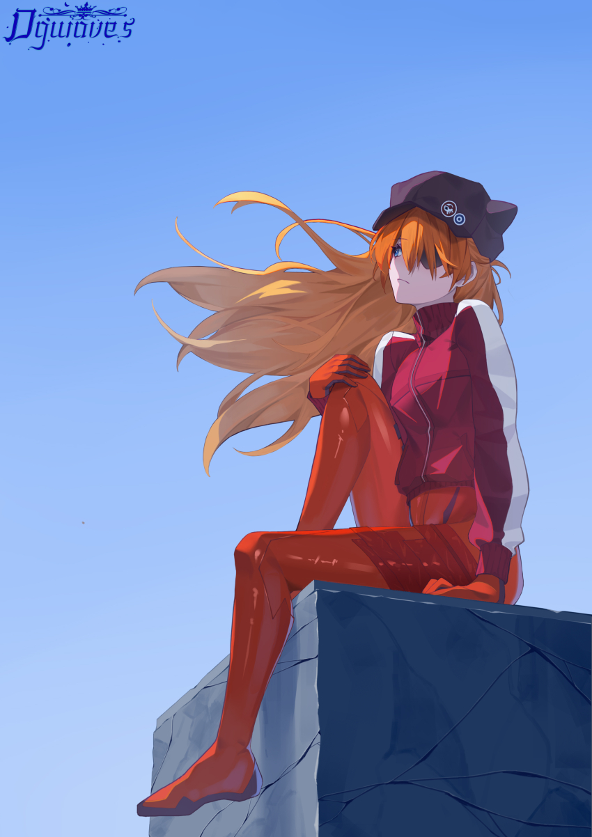 1girl absurdres blue_background blue_eyes blue_sky bodysuit brown_hat dgwaves eyepatch floating_hair hand_on_own_knee hat highres jacket long_hair looking_up mecha_pilot_suit neon_genesis_evangelion one_eye_covered orange_hair plugsuit red_jacket rock sitting sky solo souryuu_asuka_langley striped_clothes striped_jacket turtleneck turtleneck_jacket white_stripes