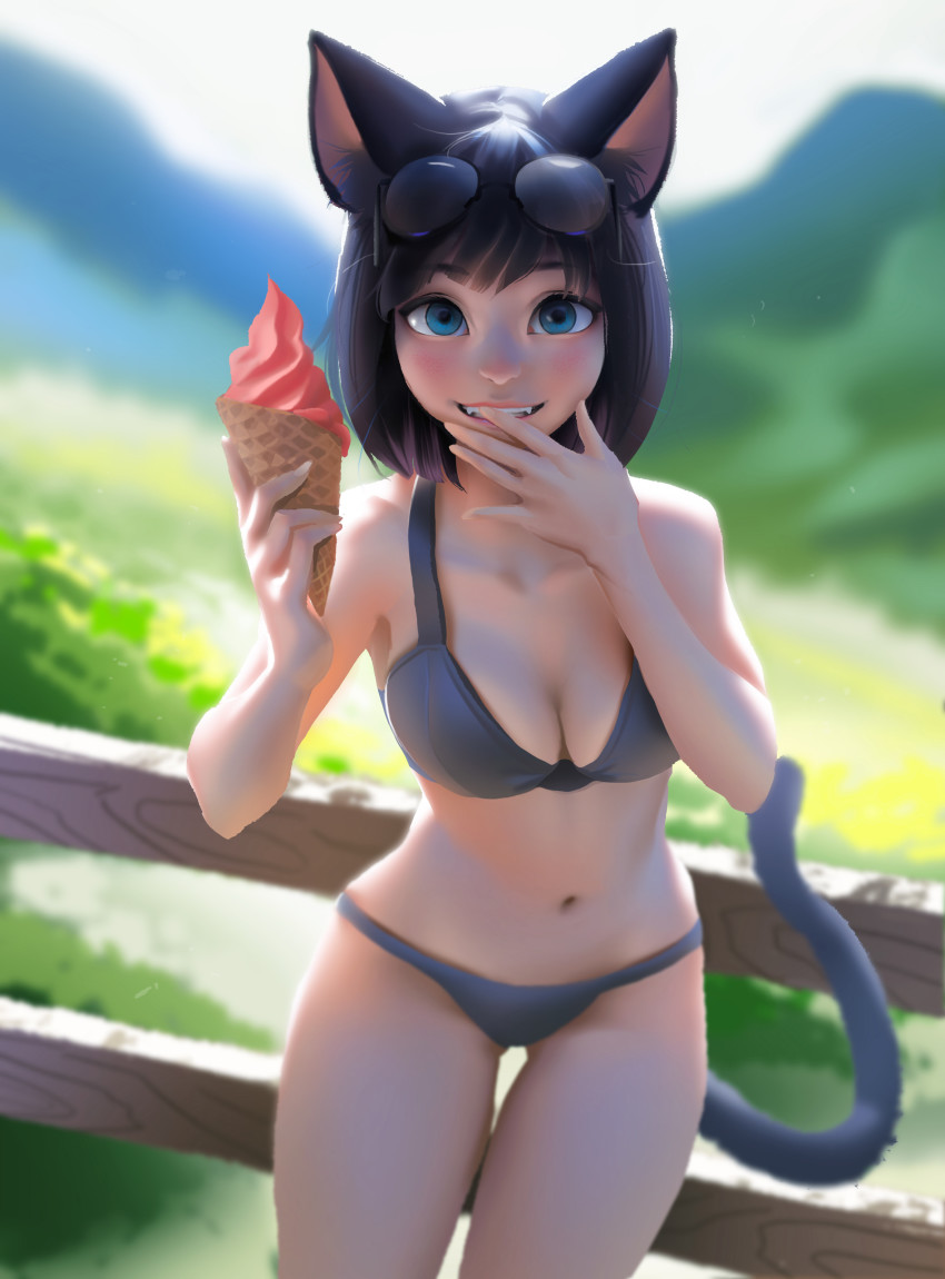 1girl absurdres animal_ears bikini black_bikini black_hair blue_eyes blush bo_xun_lin breasts cat_ears cat_girl cat_tail cleavage day eyewear_on_head fangs food highres ice_cream looking_at_viewer medium_breasts navel original outdoors parted_bangs short_hair smile solo sunglasses swimsuit tail teeth