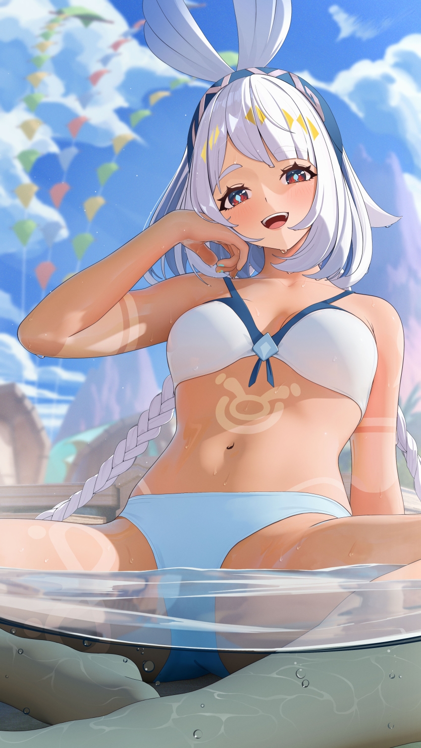 1girl :d absurdres bikini blue_bikini blue_hairband blue_sky braid dark-skinned_female dark_skin fish-shaped_pupils genshin_impact hairband highres jumonji long_hair looking_at_viewer low_twin_braids mismatched_bikini mualani_(genshin_impact) navel open_mouth paid_reward_available partially_submerged red_eyes sitting sky smile solo swimsuit symbol-shaped_pupils twin_braids very_long_hair white_bikini white_hair