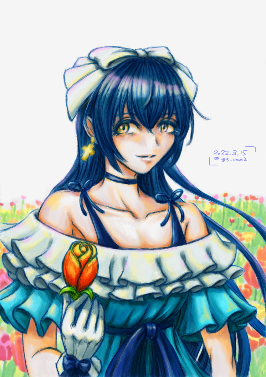 1girl absurdres aqua_dress artist_name artist_request bare_shoulders black_bow black_choker black_detached_collar blue_bow blue_dress blue_hair blush bow bow_gloves breasts choker collarbone cross cross_earrings dated dress dress_bow earrings female_focus field flower flower_field frilled_dress frills gloves grass hair_between_eyes hair_bow hair_ribbon highres holding holding_flower jewelry kira-kira_sensation! long_hair looking_at_viewer love_live! love_live!_school_idol_festival love_live!_school_idol_project orange_flower parted_lips plaid_clothes plaid_dress pleated pleated_dress ribbon smile solo sonoda_umi upper_body white_background white_bow white_gloves white_ribbon wrist_bow yellow_eyes