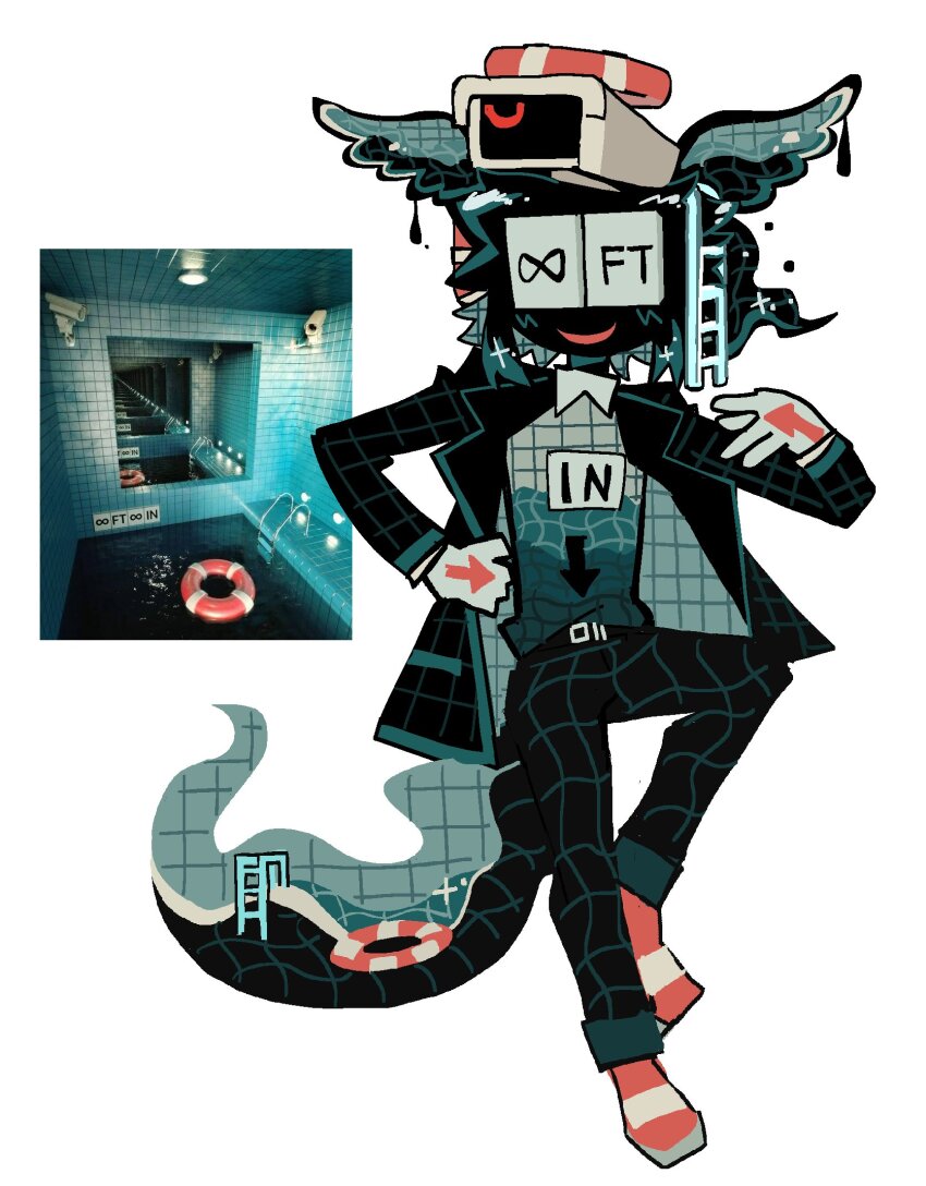 1other backrooms_(creepypasta) black_jacket black_wings camera full_body head_wings highres jacket kalawakan ladder lapels lifebuoy liminal_space notched_lapels original parted_lips poolroom sandals smile solo swim_ring tail wings