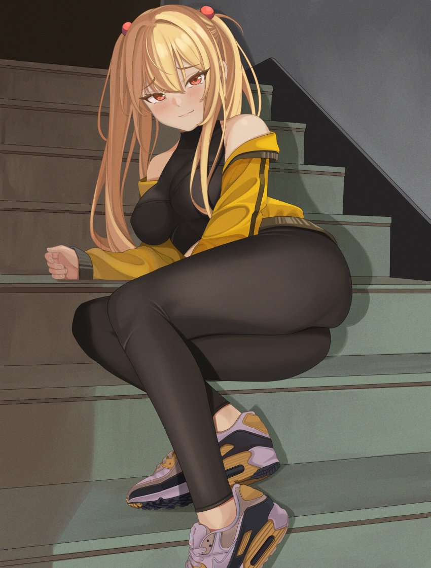 1girl absurdres air_max arm_support bare_shoulders black_pants black_shirt blonde_hair blush borrowed_character breasts foot_out_of_frame hair_bobbles hair_ornament highres jacket large_breasts leggings legs light_smile long_hair long_sleeves looking_at_viewer nike_(company) no_socks off_shoulder open_clothes open_jacket orange_eyes original pants quatthro sayuri_(k_pring) shirt shoes sitting sitting_on_stairs sleeveless sleeveless_shirt smile sneakers solo stairs tight_clothes tight_pants twintails yellow_jacket yoga_pants