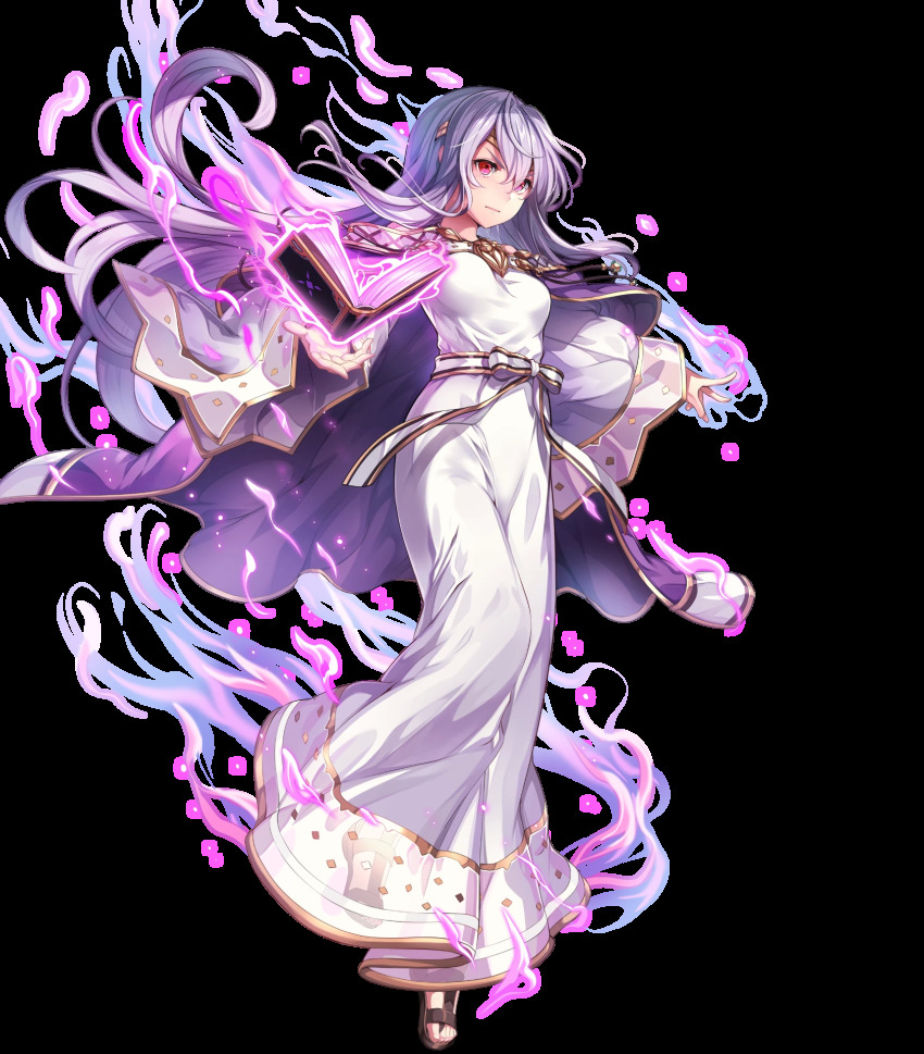 1girl aura book breasts cape chachie circlet closed_mouth dark_aura dress fire_emblem fire_emblem:_genealogy_of_the_holy_war fire_emblem_heroes floating floating_object full_body hair_ornament highres holding holding_book jewelry julia_(fire_emblem) long_dress long_hair long_sleeves looking_away medium_breasts nintendo official_art open_book purple_cape purple_eyes purple_hair red_eyes sandals see-through_clothes solo toeless_footwear transparent_background very_long_hair wide_sleeves