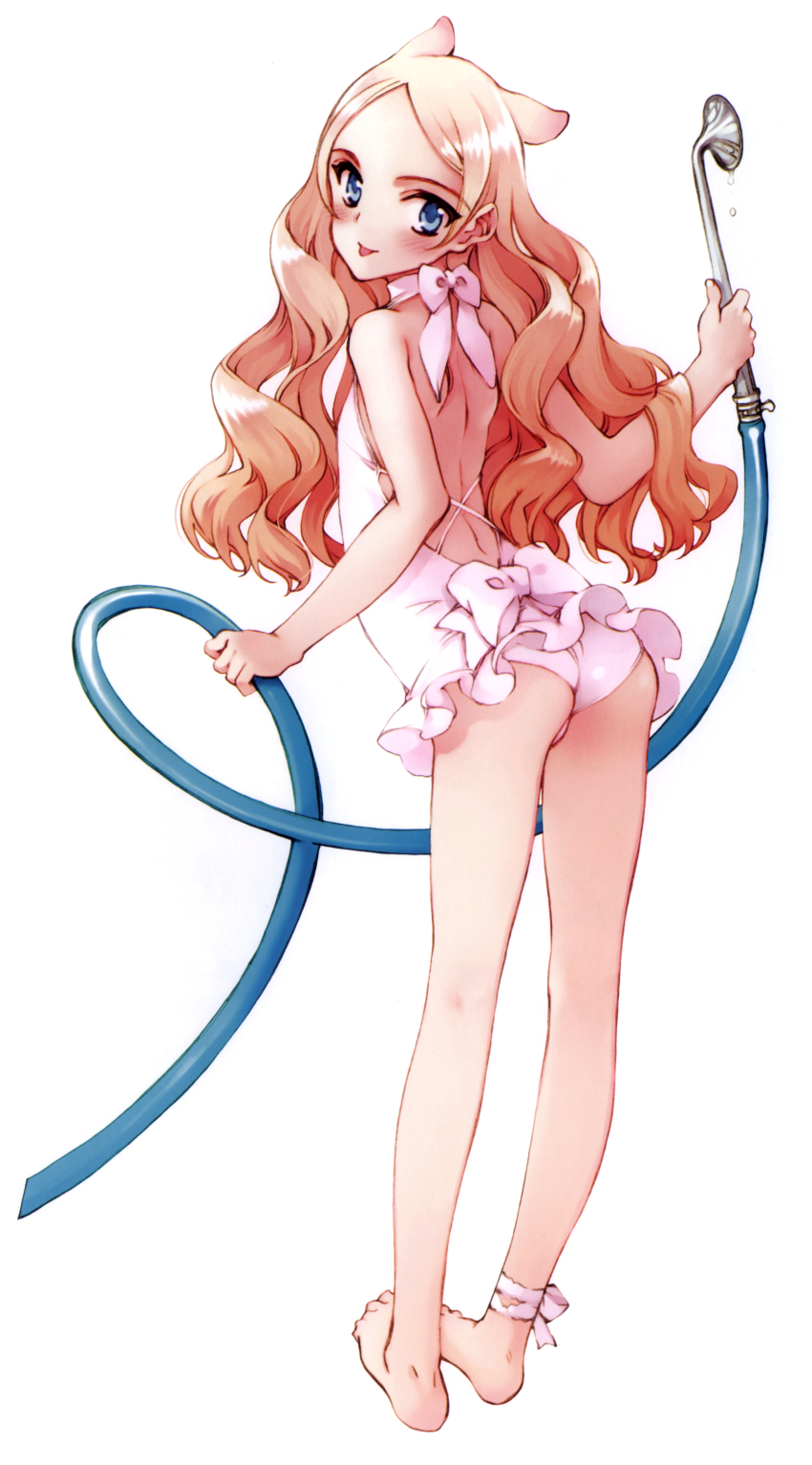 1girl :p absurdres ankle_ribbon ass bare_shoulders barefoot blonde_hair blue_eyes blush casual_one-piece_swimsuit feet female_focus flat_ass flat_chest from_behind full_body halterneck highres hose ingrid_(seiken_no_faeries) leg_ribbon long_hair looking_back one-piece_swimsuit ooyari_ashito parted_bangs ribbon scan seiken_no_faeries simple_background solo swimsuit tongue tongue_out white_background white_one-piece_swimsuit