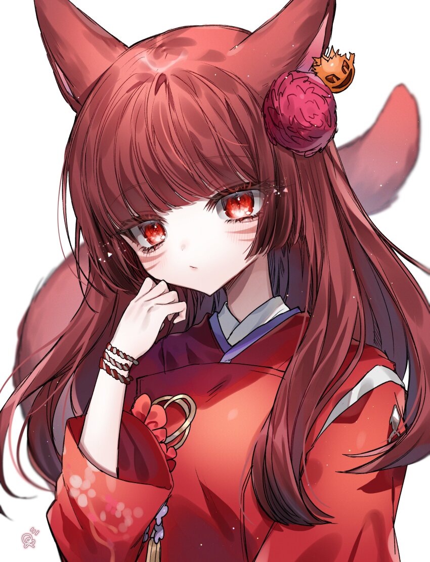 1girl absurdres animal_ears bomb_(final_fantasy) bracelet cat_ears cat_tail earrings facial_mark final_fantasy final_fantasy_xiv highres japanese_clothes jewelry kariginu kcc_9646 long_hair miqo&#039;te red_eyes single_earring solo tail warrior_of_light_(ff14) whisker_markings