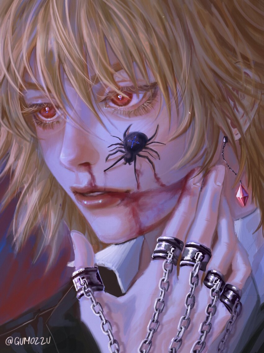 1boy androgynous animal arachne arm_up arthropod_girl black_jacket blonde_hair blood blood_from_mouth blood_on_face bright_pupils bug collared_shirt commentary ear_piercing earrings english_commentary gumozzu hair_between_eyes hand_chains hand_on_own_face highres hunter_x_hunter insect_girl jacket jewelry kurapika looking_ahead male_focus monster_girl nosebleed piercing red_eyes shirt single_earring solo spider spider_girl taur twitter_username white_shirt