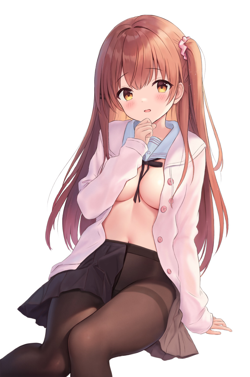 1girl absurdres arm_support black_ribbon black_skirt blue_sailor_collar blush breasts brown_eyes brown_hair brown_pantyhose chinese_commentary commentary_request feet_out_of_frame hand_on_own_chin highres himeno_sena jacket koi_kakeru_shin-ai_kanojo long_hair looking_at_viewer medium_breasts navel necktie no_bra one_side_up open_clothes open_jacket open_skirt pantyhose parted_lips pink_jacket pleated_skirt ribbon sailor_collar simple_background sitting skirt white_background zhuan_yan_ruyan