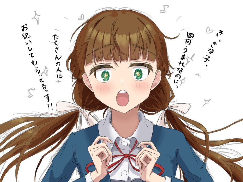 1girl blue_jacket blunt_bangs blush brown_hair collared_shirt commentary_request green_eyes jacket karupisu_110 long_hair long_sleeves looking_at_viewer love_live! love_live!_superstar!! neck_ribbon open_mouth red_ribbon ribbon sakurakoji_kinako school_uniform shirt solo sparkling_eyes translation_request upper_body white_background white_shirt winter_uniform yuigaoka_school_uniform