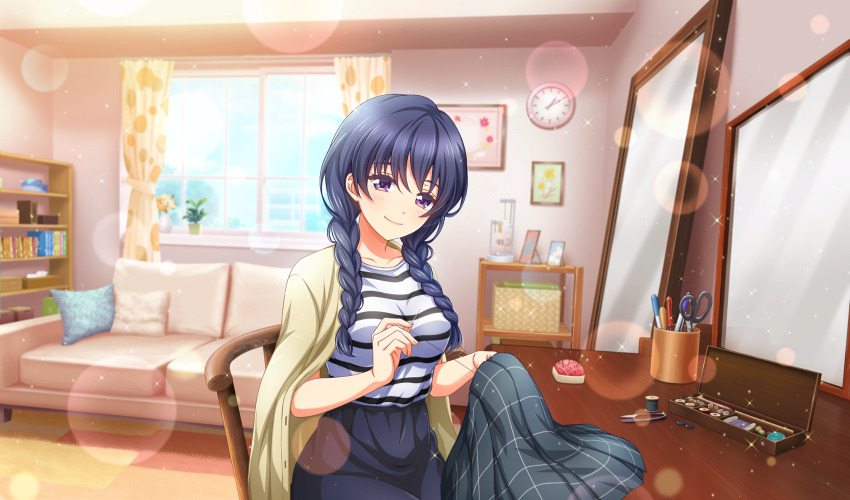 1girl black_skirt blue_hair blurry braid cinderella_series clock closed_mouth couch curtains depth_of_field dutch_angle film_grain game_cg hachigatsu_no_cinderella_nine highres holding holding_sewing_needle holding_unworn_clothes holding_unworn_skirt indoors jacket jacket_on_shoulders kondou_saki lens_flare light_particles long_hair looking_at_viewer low_twin_braids mirror non-web_source official_art on_chair pen pincushion plaid_clothes plaid_skirt plant pleated_skirt potted_plant purple_eyes scissors sewing sewing_kit shirt sitting skirt smile solo sparkle striped_clothes striped_shirt table twin_braids unworn_skirt wall_clock window wooden_chair wooden_table