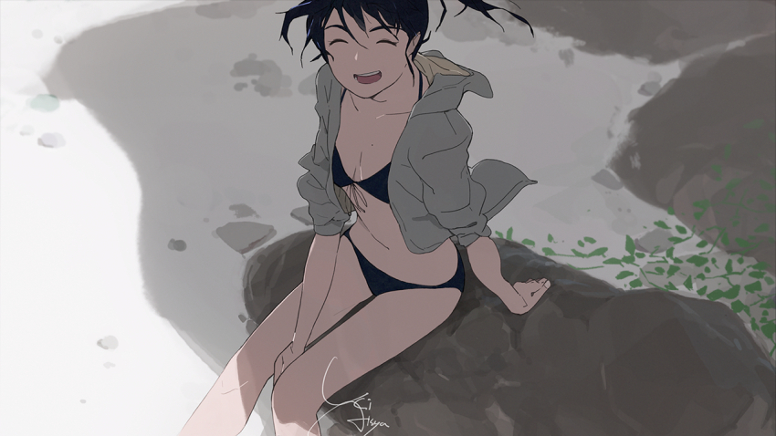 1girl beach between_legs bikini black_bikini black_hair breasts cleavage closed_eyes feet_out_of_frame hand_between_legs hood hoodie open_mouth original plant rock sand short_hair sitting small_breasts smile solo swimsuit uki_atsuya vines