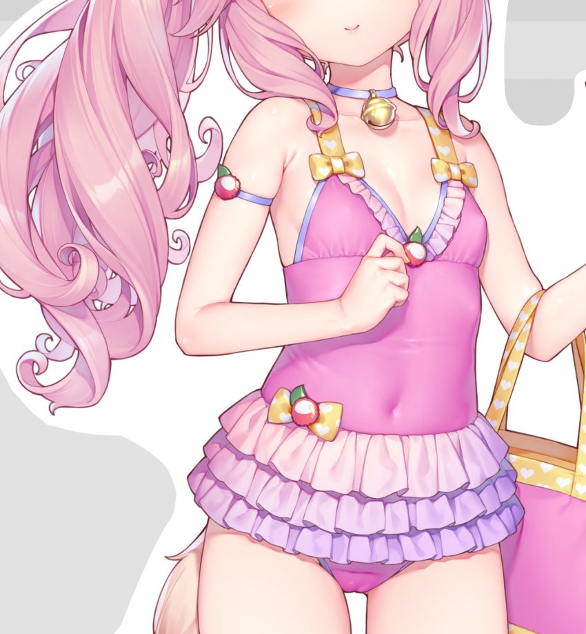 1girl bag bell blush breasts cameltoe casual_one-piece_swimsuit cat_girl cat_tail cleavage collar covered_navel fraise_(nekopara) frilled_swimsuit frills head_out_of_frame highres jingle_bell long_hair neck_bell nekopara one-piece_swimsuit pink_hair pink_one-piece_swimsuit ponytail sayori_(neko_works) small_breasts smile solo swimsuit tail thigh_gap thighs unfinished