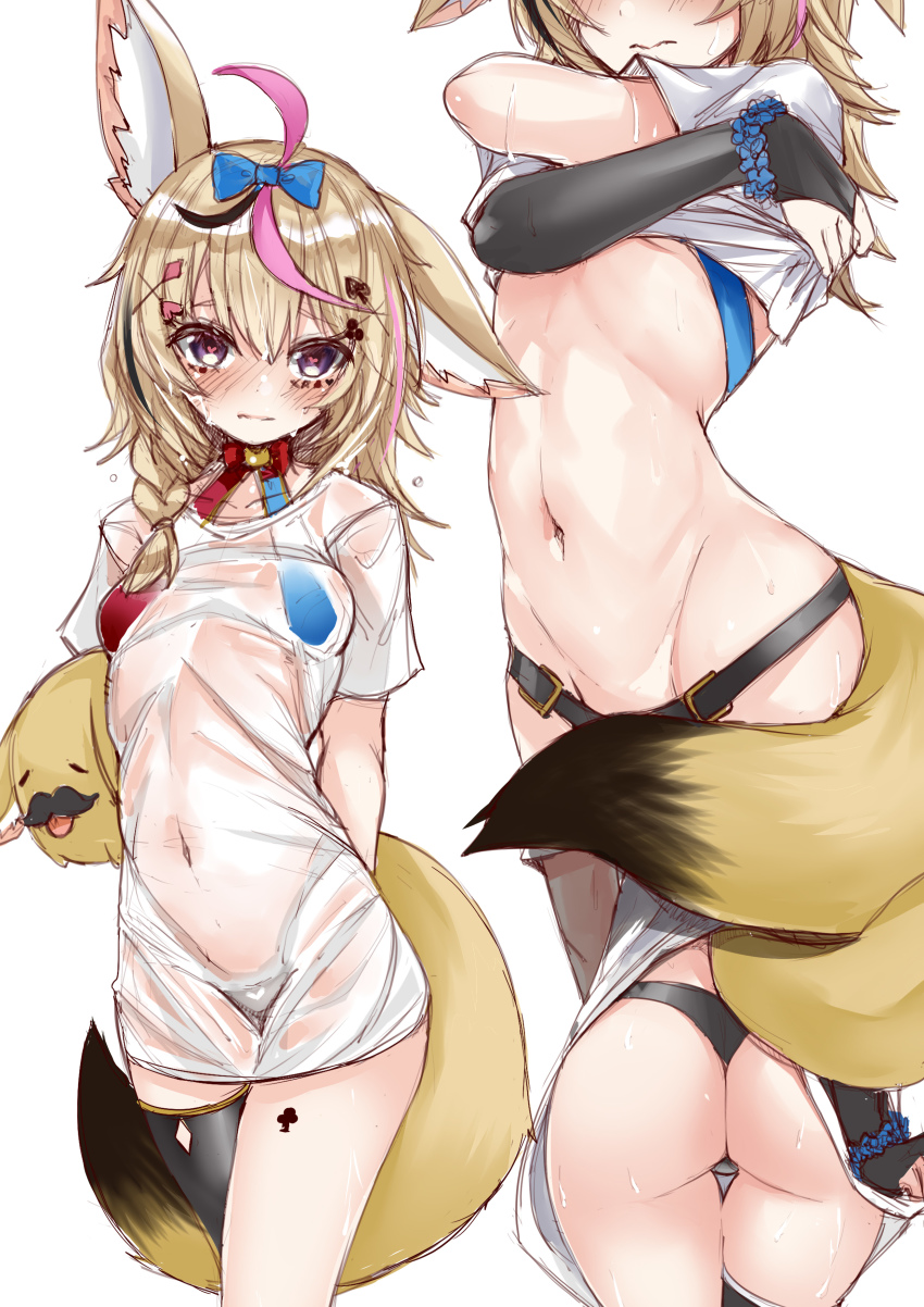 1girl absurdres animal_ear_fluff animal_ears antenna_hair arm_behind_back ass bikini bikini_under_clothes black_gloves black_thighhighs blonde_hair blue_eyes blush bow braid breasts clothes_lift crossed_arms elbow_gloves embarrassed fox_ears fox_girl fox_tail gloves groin hair_bow head_out_of_frame highres hololive lifting_own_clothes long_hair lowleg lowleg_bikini multicolored_hair multiple_views navel omaru_polka ribbon see-through_clothes senbon_tsuki shirt shirt_lift shirt_tug short_sleeves single_elbow_glove single_glove single_thighhigh small_breasts solo streaked_hair stuffed_toy swimsuit t-shirt tail thigh_gap thighhighs thighs thong_bikini undressing virtual_youtuber wet wet_clothes wet_shirt white_shirt