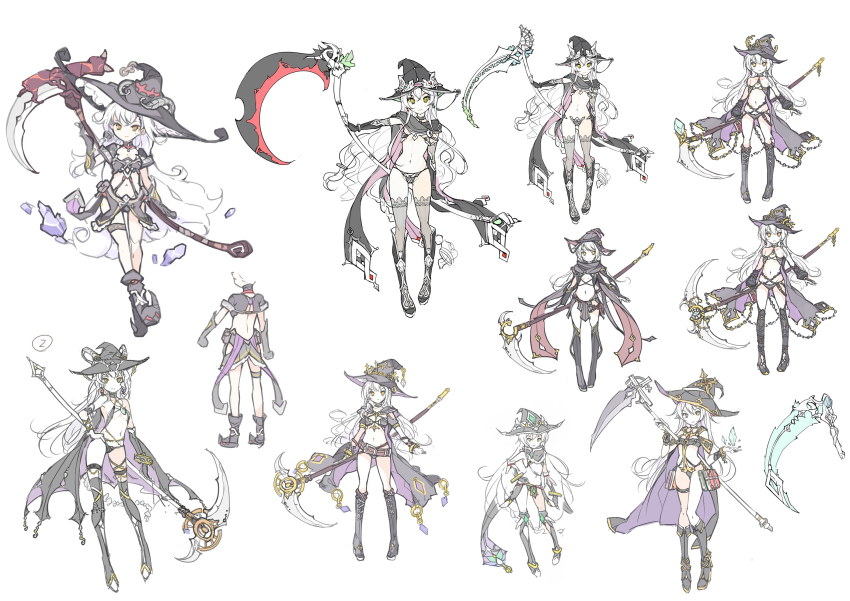 boots concept_art full_body hat high_heel_boots high_heels highres hilda_(stella_glow) holding holding_scythe ideolo long_hair scythe stella_glow thighhighs very_long_hair white_hair witch_hat yellow_eyes