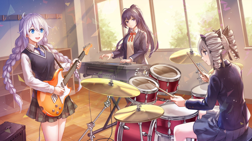 3girls absurdres ahoge anbe_yoshirou band bare_legs blue_eyes blue_necktie braid bronya_zaychik commentary_request day drill_hair drum drumsticks grey_eyes grey_hair guitar high_ponytail highres holding holding_drumsticks holding_instrument honkai_(series) honkai_impact_3rd indoors instrument kiana_kaslana long_hair long_sleeves looking_at_another medium_hair multiple_girls music necktie open_mouth playing_instrument ponytail raiden_mei school_uniform sitting skirt smile standing teeth twin_braids twin_drills upper_teeth_only white_hair white_sleeves window