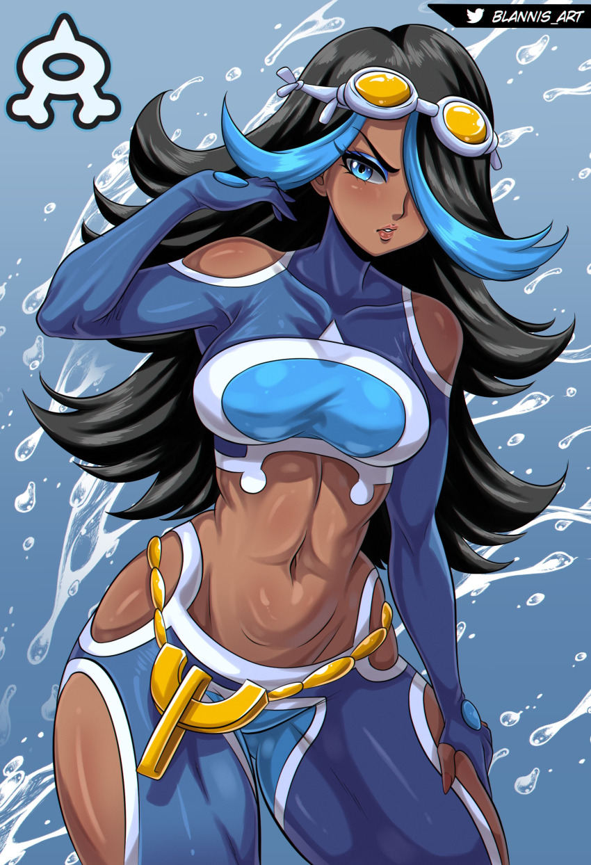 1girl absurdres artist_name black_hair blannis blue_background blue_eyes breasts chain_belt creatures_(company) crop_top dark-skinned_female dark_skin game_freak goggles goggles_on_head gradient_background hand_on_own_thigh highres long_hair long_sleeves medium_breasts midriff multicolored_hair navel nintendo open_clothes pokemon pokemon_oras shelly_(pokemon) shelly_(pokemon_oras) streaked_hair team_aqua thick_thighs thighs tight_clothes toned twitter_username water