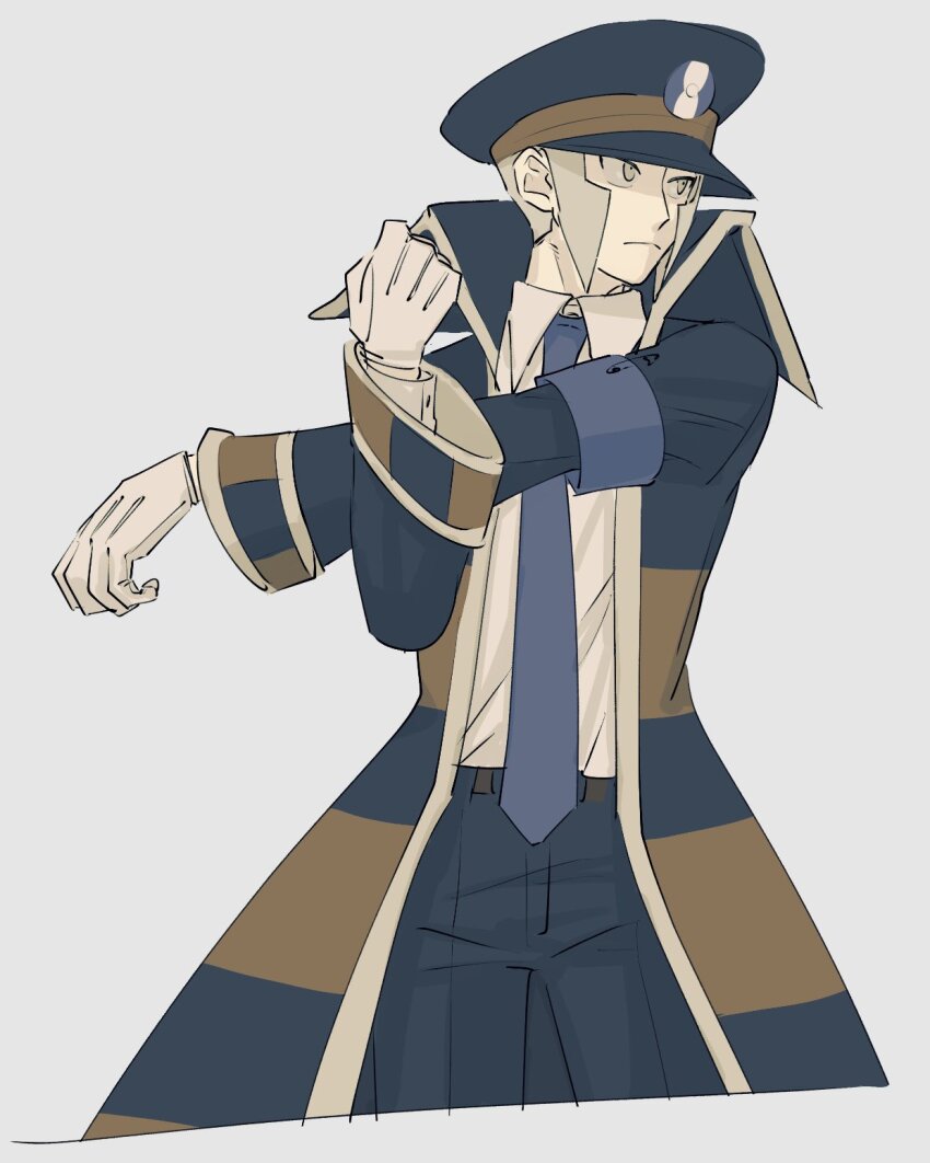 1boy arm_up armband belt belt_buckle black_coat black_hat black_pants blue_armband blue_necktie brown_belt buckle closed_mouth coat collared_shirt creatures_(company) cropped_legs cross-body_stretch frown game_freak gloves grey_eyes grey_hair hat high_collar highres ingo_(pokemon) ins3wr long_sleeves looking_to_the_side male_focus necktie nintendo open_clothes open_coat pants peaked_cap pokemon pokemon_bw shirt shirt_tucked_in short_hair sideburns sideways_glance solo white_gloves white_shirt wing_collar