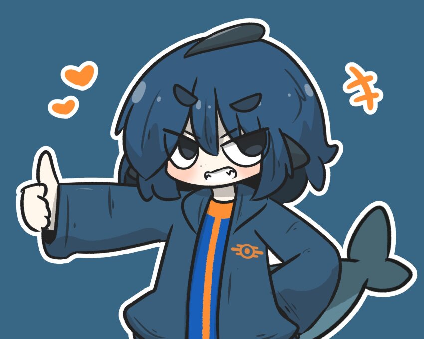 +++ 1girl blue_background blue_eyes blue_hair blue_jacket blue_jumpsuit blush chibi commentary_request fallout_(series) fins fish_tail fuka-chan grin heart highres jacket jumpsuit long_sleeves looking_at_viewer open_clothes open_jacket original outline shark_tail sharp_teeth short_eyebrows sleeves_past_wrists smile solo tail teeth thick_eyebrows thumbs_up uni_souchou upper_body v-shaped_eyebrows vault_suit white_outline wide_sleeves