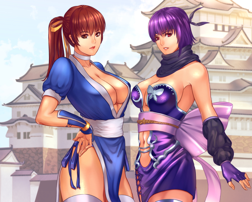 2girls auburn_hair ayane_(doa) black_scarf breasts brown_eyes brown_hair choker cleavage dead_or_alive female_focus fingerless_gloves gloves hair_ribbon highres kasumi_(doa) kunoichi large_breasts long_hair looking_at_viewer magenta_eyes matching_hair/eyes medium_hair multiple_girls navel ninja parted_lips ponytail purple_gloves purple_hair red_eyes ribbon scarf seed01010 siblings sisters standing tecmo thick_thighs thighhighs thighs white_choker white_legwear yellow_ribbon