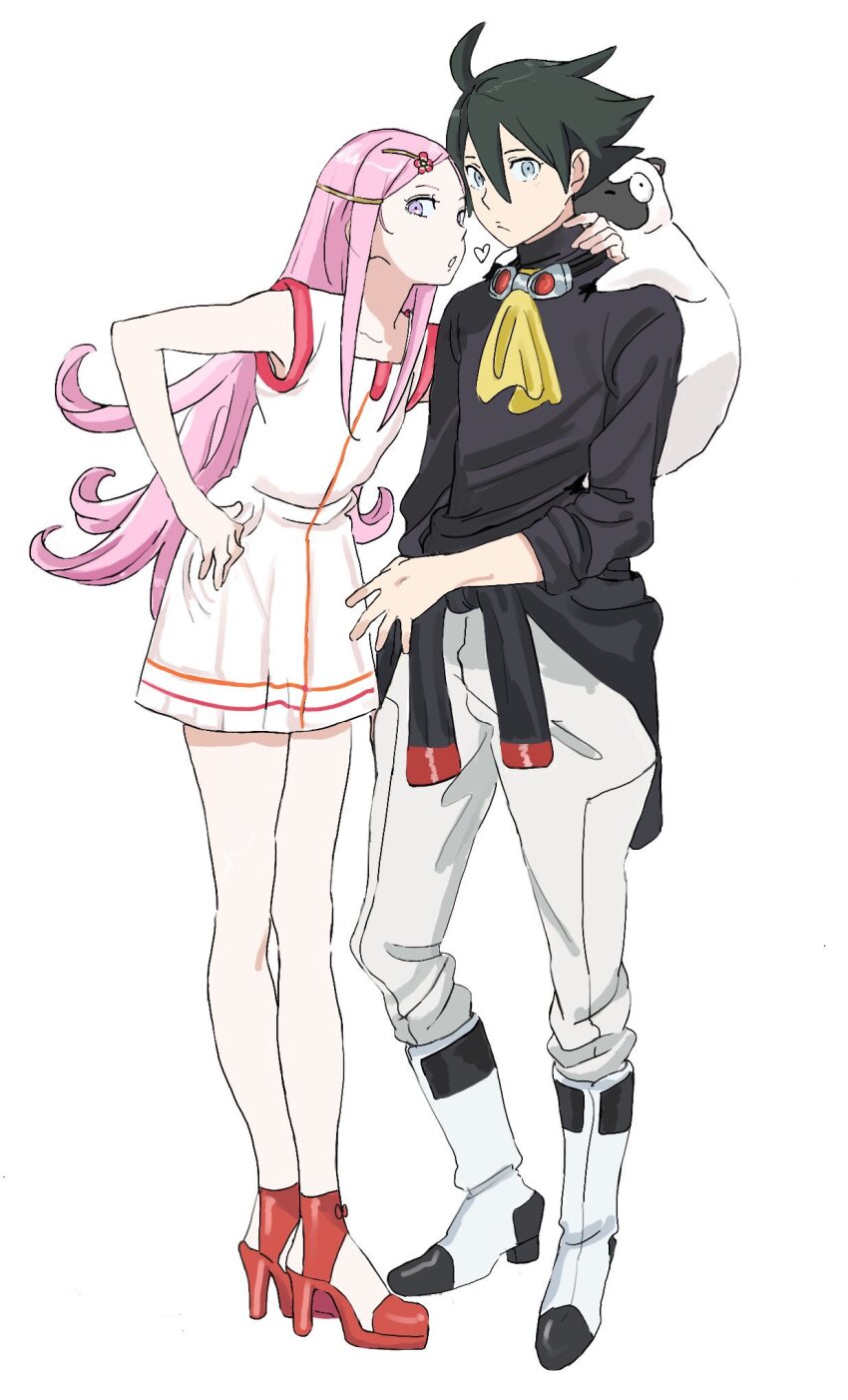 1boy 1girl ahoge anemone_(eureka_seven) black_hair dominic_sorel dress eureka_seven eureka_seven_(series) flat_chest full_body goggles goggles_around_neck grey_eyes gulliver_(eureka_seven) hair_ornament hairclip high_heels highres long_hair looking_at_viewer pink_eyes pink_hair rueisi_(namezari)