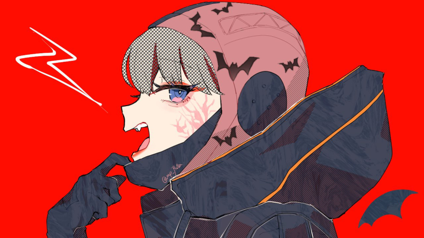 1girl animification apex_legends black_gloves black_jacket blue_eyes botan_sui facial_scar fangs from_side gloves hood hooded_jacket jacket lightning_bolt_symbol mask_pull open_mouth parody red_background red_headwear scar scar_on_cheek scar_on_face solo twitter_username upper_body vampire_(vocaloid) vocaloid wattson_(apex_legends) winged_menace_wattson