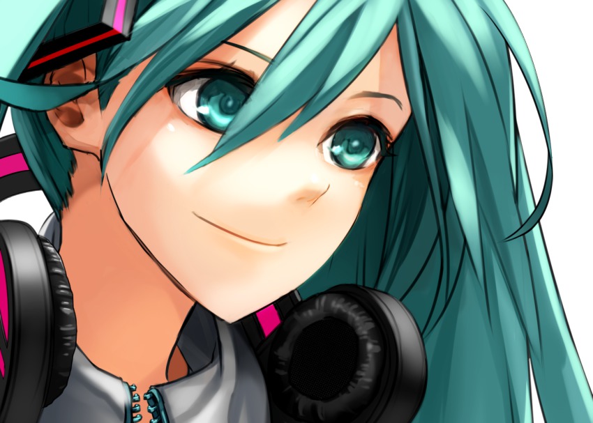 1girl aqua_eyes aqua_hair chirigami-san female_focus hatsune_miku headphones headphones_around_neck portrait simple_background solo vocaloid white_background