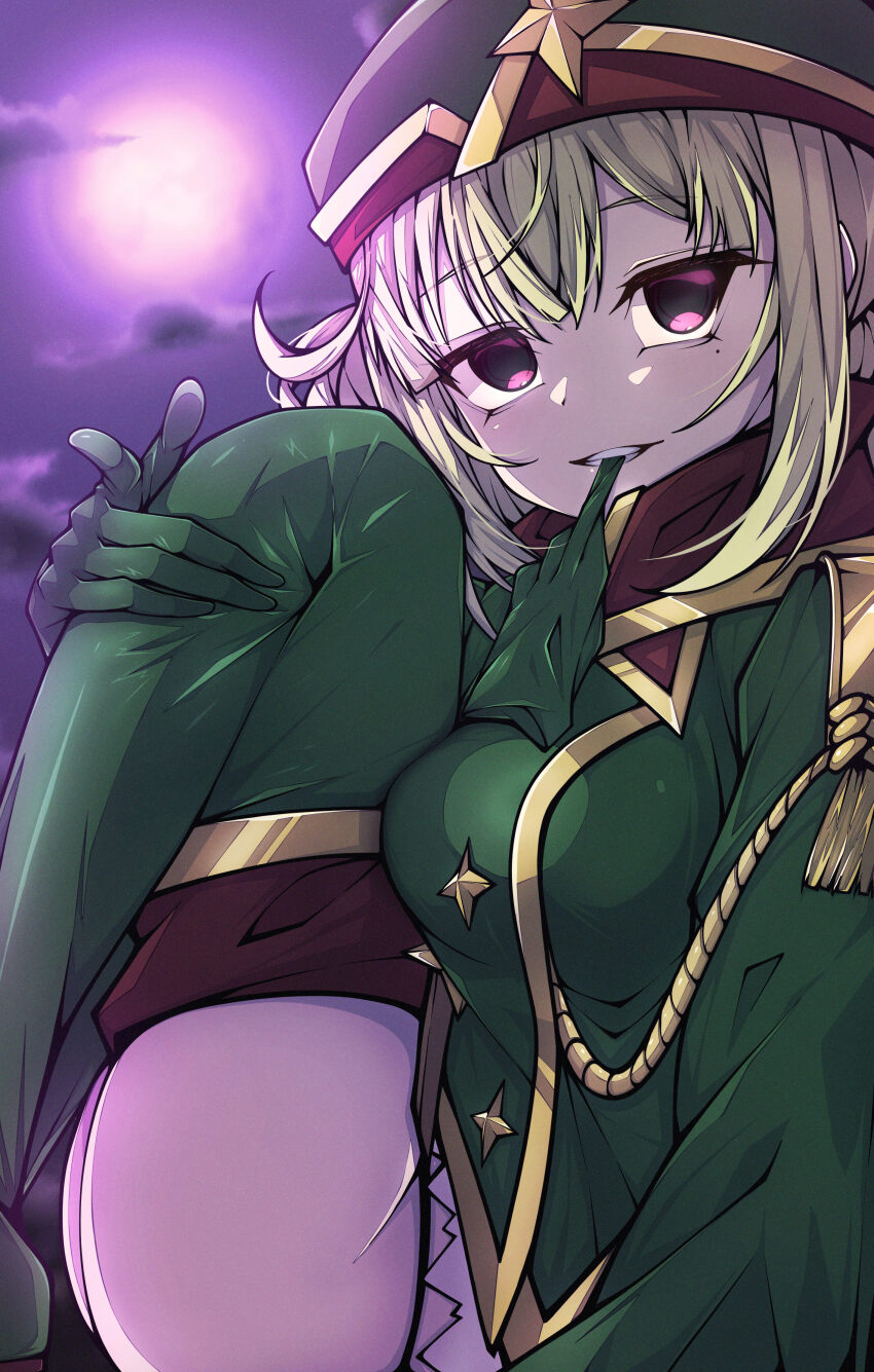 1girl absurdres araga_kiwi ass biting biting_glove blonde_hair boots breast_press breasts gloves green_footwear green_gloves green_hat green_jacket hair_between_eyes hat highres jacket kakuzatou_(cubesugar03196) large_breasts leoparde_(mahou_shoujo_ni_akogarete) looking_at_viewer mahou_shoujo_ni_akogarete military_hat military_jacket mole mole_under_eye moon open_mouth purple_sky red_eyes sitting sky solo teeth thigh_boots unworn_gloves