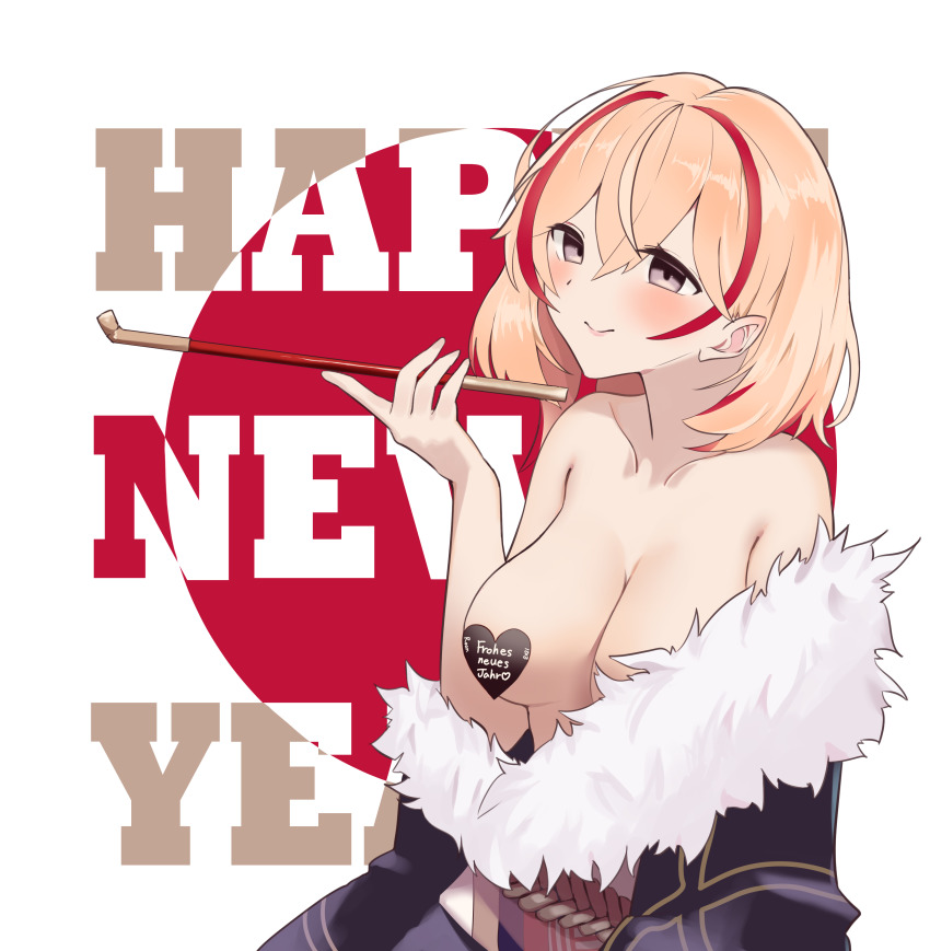 1girl absurdres azur_lane blonde_hair blush breasts cleavage closed_mouth collarbone commentary_request crossed_bangs english_text fur-trimmed_kimono fur_trim german_text hair_between_eyes happy_new_year head_tilt heart_pasties highres japanese_clothes kimono kiseru large_breasts looking_at_viewer multicolored_hair new_year obi obijime off_shoulder pasties red_hair roon_(azur_lane) sash short_hair smile smoking_pipe solo streaked_hair yomare