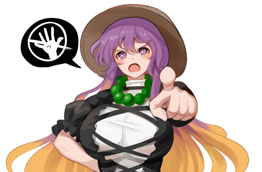 1girl ajirogasa angry beads blonde_hair breasts center_opening cross-laced_clothes cross-laced_dress dress edz_drawz gradient_hair hand_on_own_chest hat hijiri_byakuren long_hair looking_at_viewer multicolored_hair no_symbol pointing pointing_at_viewer prayer_beads purple_eyes purple_hair shirt short_sleeves spoken_no_symbol touhou white_shirt