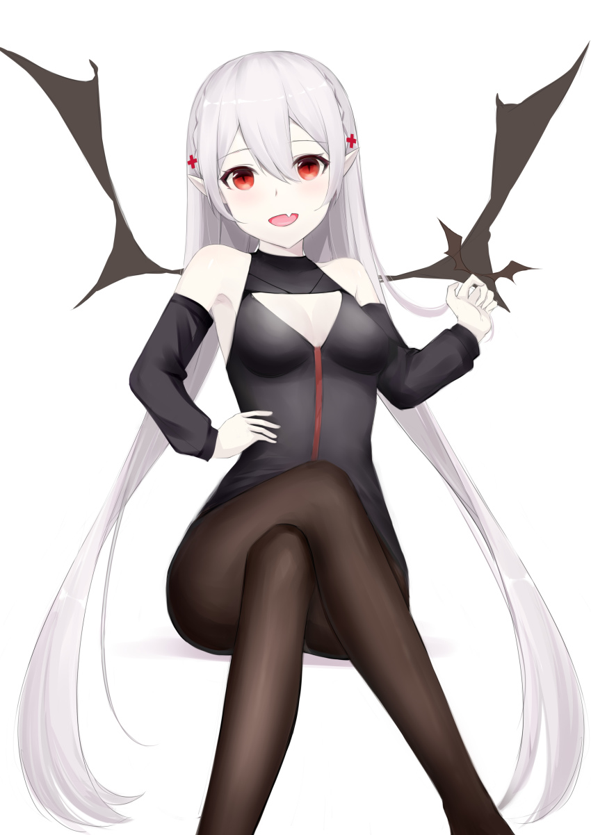 1girl absurdres arknights armpits bat_wings black_pantyhose blush breasts cleavage_cutout clothing_cutout cross crossed_legs detached_sleeves eyebrows fang female_focus grey_hair hair_between_eyes hair_ornament highres long_hair looking_at_viewer open_mouth pale_skin panties panties_under_pantyhose pantyhose red_eyes small_breasts solo underwear vampire very_long_hair warfarin_(arknights) wings yako_(origami)