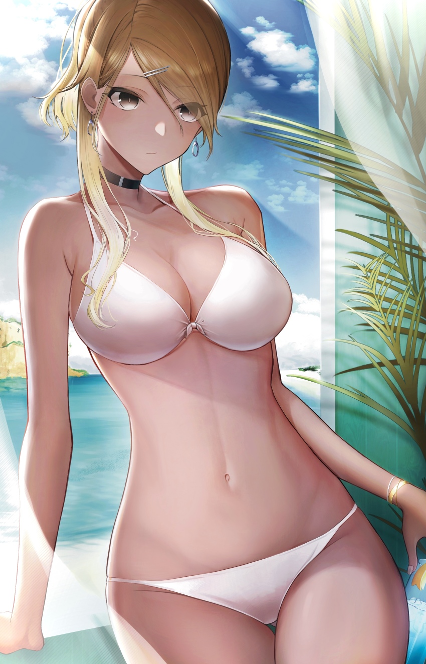 1girl absurdres bikini black_eyes blonde_hair breasts brown_hair choker cleavage cloud dark-skinned_female dark_skin gradient_hair gyaru hair_ornament hairclip highres idolmaster idolmaster_shiny_colors izumi_mei large_breasts long_hair multicolored_hair navel ocean seseri_aoba solo swimsuit tan white_bikini window