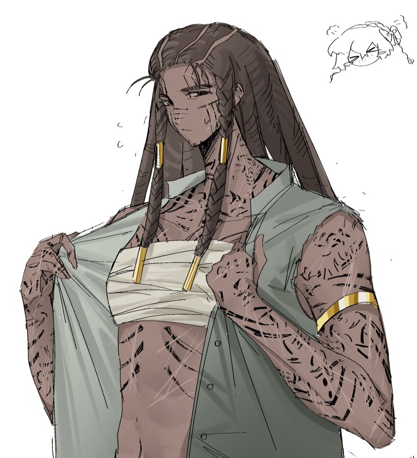 &gt;_&lt; 2girls arm_tattoo armlet bandages blush_stickers bow braided_dreadlocks brown_hair chest_sarashi chest_tattoo collared_shirt dark-skinned_female dark_skin doodle_inset facial_tattoo freckles hair_bow highres humian0101 ishmael_(project_moon) jewelry limbus_company multiple_girls open_clothes open_shirt project_moon queequeg_(project_moon) sarashi scar scar_on_arm scar_on_chest scar_on_face shirt simple_background sleeveless sleeveless_shirt solo_focus tattoo torn_off_sleeves white_background