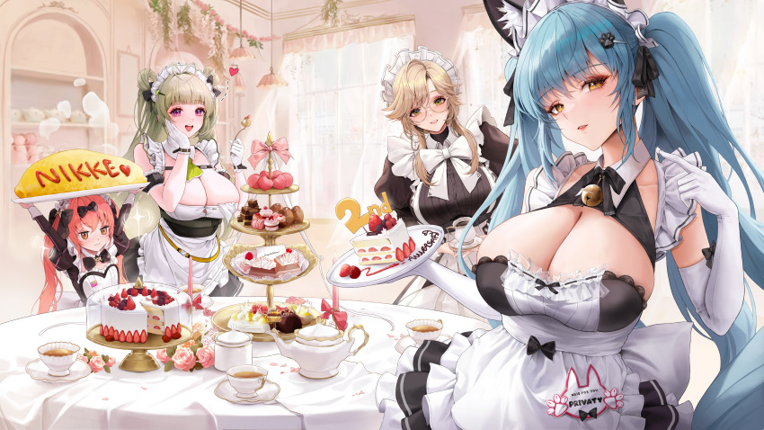 4girls absurdres ade_(nikke) animal_ear_fluff animal_ears anniversary apron arms_up black_bow black_dress blue_hair blush bow brown_eyes brown_hair cake cake_slice cake_stand cat_ears cocoa_(nikke) commentary cup dora_(garyeong) double_bun dress elbow_gloves fake_animal_ears food frilled_apron frills glasses gloves goddess_of_victory:_nikke green_eyes green_hair hair_bow hair_bun highres holding holding_plate indoors juliet_sleeves long_hair long_sleeves looking_at_viewer maid maid_apron multiple_girls omelet omurice open_mouth plate privaty_(nikke) privaty_(unkind_maid)_(nikke) puffy_sleeves purple_eyes red_hair round_eyewear smile soda_(nikke) strawberry_cake teacup teapot twintails white_apron white_gloves white_headdress yellow_eyes