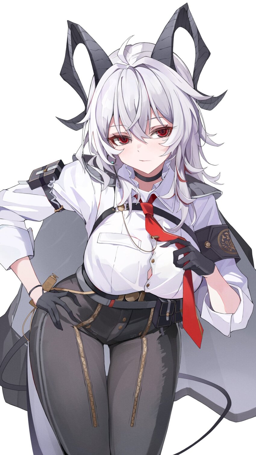 1girl anri_(user_ncce8585) arm_pouch armband black_armband black_cape black_choker black_gloves black_horns black_pants black_pouch breasts button_gap cape chest_harness choker closed_mouth commentary curled_horns duplicate earrings gloves hand_on_own_hip harness high-waist_pants highres horns jewelry key_earrings large_breasts looking_at_viewer necktie pants red_eyes red_necktie simple_background solo tight_clothes tight_pants white_background wuthering_waves zani_(wuthering_waves)