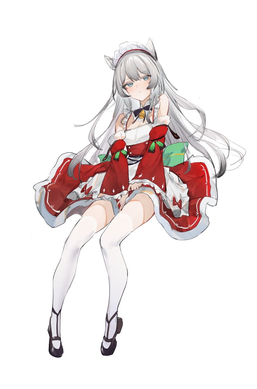 1girl absurdres animal_ears apron azur_lane bare_shoulders bell black_bow black_bowtie black_footwear blue_eyes bow bowtie cat_ears commentary_request detached_sleeves dress flantia frilled_apron frilled_sleeves frills full_body grey_hair hammann_(azur_lane) hammann_(holy_night_surprise!)_(azur_lane) head_tilt highres long_sleeves looking_at_viewer mistletoe neck_bell parted_lips pout red_dress simple_background solo thighhighs waist_apron white_apron white_background white_thighhighs wide_sleeves