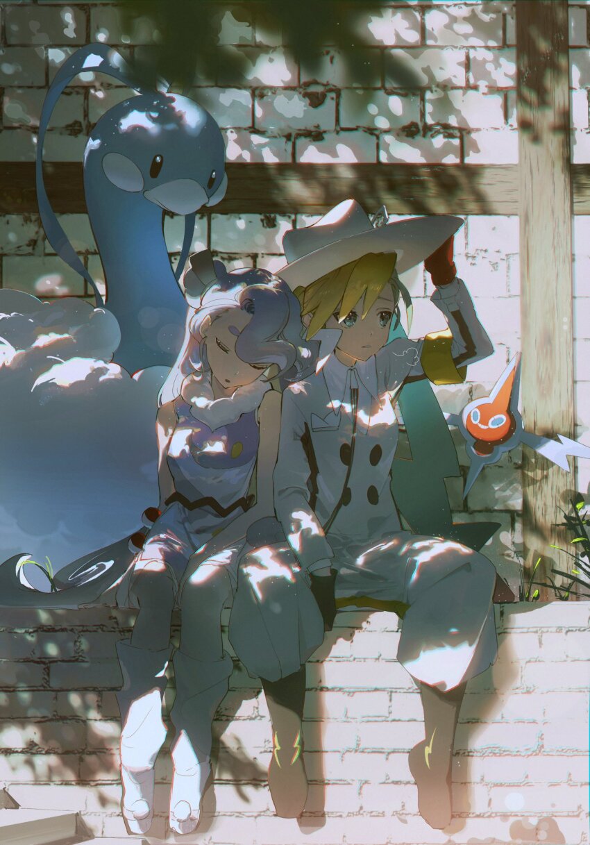 2girls 2others altaria asymmetrical_gloves black_footwear blonde_hair blue_eyes boots closed_eyes creatures_(company) electric_miku_(project_voltage) flying_miku_(project_voltage) game_freak gen_3_pokemon gen_4_pokemon gloves hair_ornament hat hatsune_miku head_on_another&#039;s_shoulder highres karasuro leaning_on_person long_hair long_sleeves mismatched_gloves multiple_girls multiple_others nintendo pants pokemon project_voltage red_gloves ribbon rotom rotom_(normal) short_hair side-by-side sitting sleeping sleeping_on_person tree vocaloid white_footwear white_hat