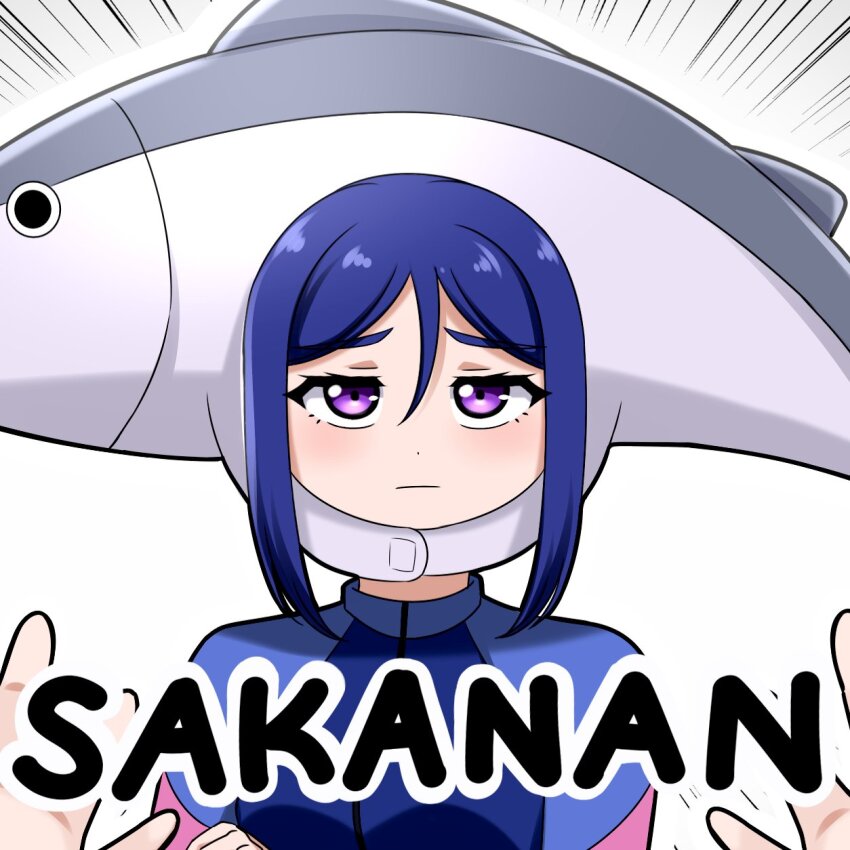 1girl :| blue_hair blue_wetsuit bodysuit border closed_mouth commentary dark_blue_hair diving_suit emphasis_lines english_commentary fish_hat hair_between_eyes highres looking_at_viewer love_live! love_live!_sunshine!! matsuura_kanan pun purple_eyes sidelocks simple_background ska.harumi solo_focus unamused upper_body wetsuit white_border