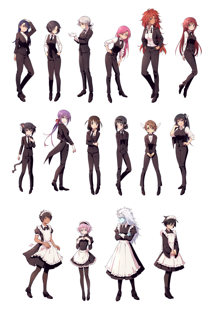 4boys 6+girls absurdres aijima_cecil akemi_homura alternate_costume apron aqua_eyes black_eyes black_footwear black_hair black_jacket black_necktie black_pants blouse blue_hair blue_skin braid brown_eyes brown_hair cat_girl character_request check_character closed_eyes colored_skin commentary crona_(soul_eater) crossdressing crossed_arms dark_skin earrings english_commentary formal_clothes full_body glasses gloves grey_hair hand_on_own_head hands_in_pockets headband highres itoshiki_nozomu izayoi_sakuya jacket jewelry long_hair looking_at_viewer mahou_shoujo_madoka_magica mahou_shoujo_madoka_magica_(anime) maid maid_apron maid_headdress medium_hair multiple_boys multiple_girls necktie nifffi open_clothes open_jacket pants pink_hair purple_eyes purple_hair queen&#039;s_blade red_hair risty_(queen&#039;s_blade) round_eyewear sakuya_(utawarerumono) sayonara_zetsubou_sensei shirt shoes short_hair simple_background soul_eater suit touhou twin_braids uta_no_prince-sama utawarerumono vest white_background white_gloves white_shirt yellow_eyes