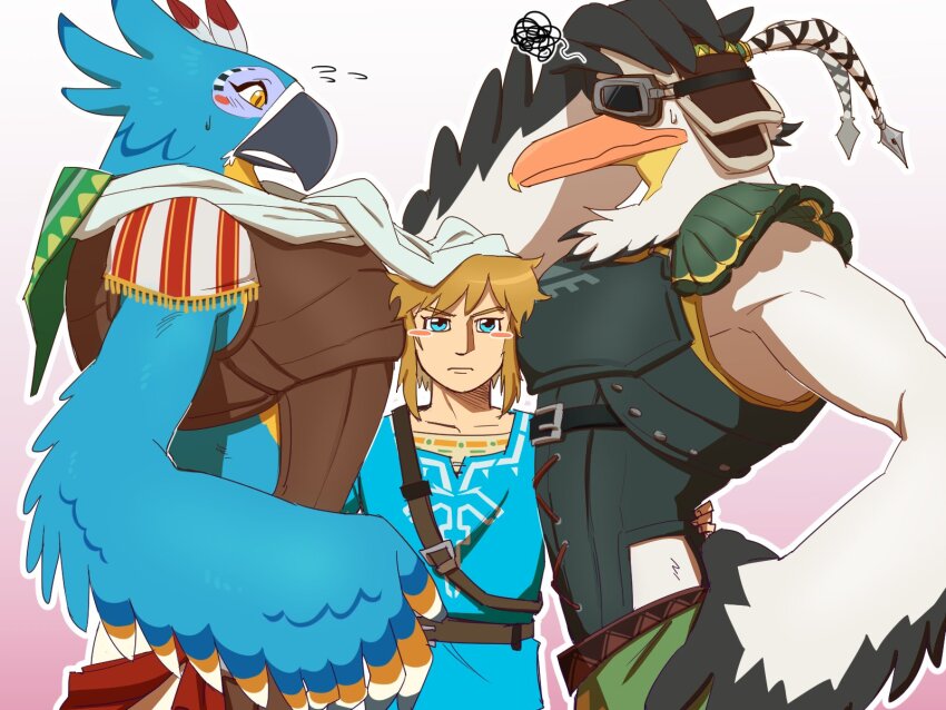 3boys armor aviator_cap aviator_goggles bara beak bird_boy bird_wings blonde_hair blue_eyes blue_feathers blue_shirt blush cape collarbone colored_tips commentary_request feather_fingers feather_hair_ornament feathers flying_sweatdrops furry furry_male green_cape hair_ornament hand_on_own_head hand_on_own_hip hands_on_another&#039;s_hips highres kass korean_commentary leather_armor leather_belt leather_strap link looking_at_another looking_at_viewer male_focus multicolored_hair multiple_boys muscular muscular_male nintendo open_mouth pauldrons penn_(zelda) ppaljang scarf shirt shoulder_armor squiggle sweatdrop the_legend_of_zelda the_legend_of_zelda:_breath_of_the_wild the_legend_of_zelda:_tears_of_the_kingdom white_feathers white_scarf wings yaoi