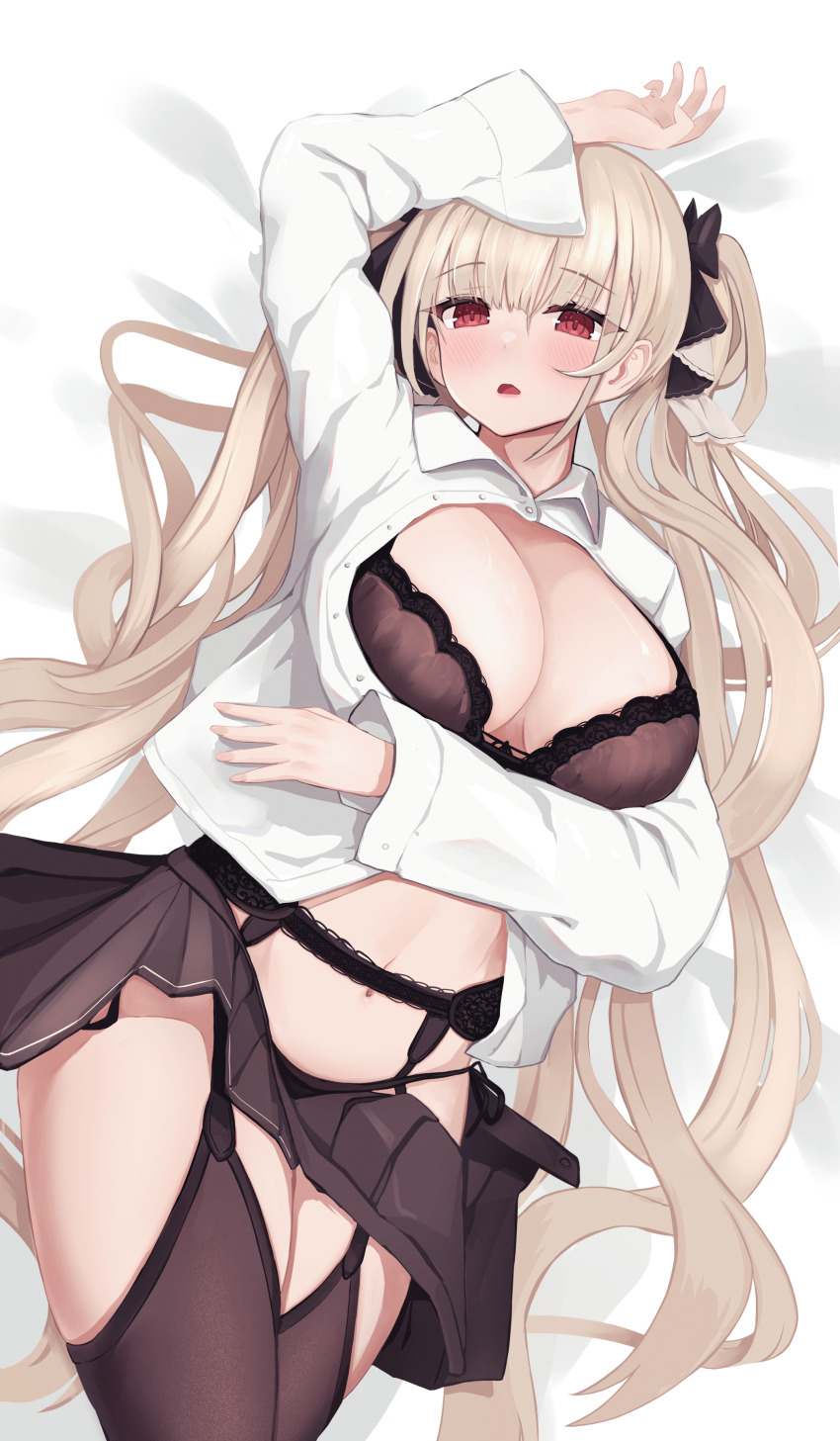 1girl absurdres alternate_costume arm_up azur_lane black_bra black_panties black_ribbon black_skirt blonde_hair bra breasts cleavage cowboy_shot daran9 dutch_angle formidable_(azur_lane) garter_belt hair_ribbon highres large_breasts long_hair long_sleeves lying miniskirt navel on_back open_clothes open_mouth open_shirt panties red_eyes ribbon side-tie_panties skirt solo stomach string_panties thighs twintails underwear very_long_hair